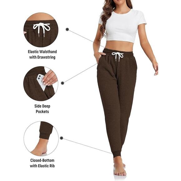 Womens Large Dark Brown Sweatpants Pocket Drawstring Elastic Waist Jogger Pants - Picture 1 of 8